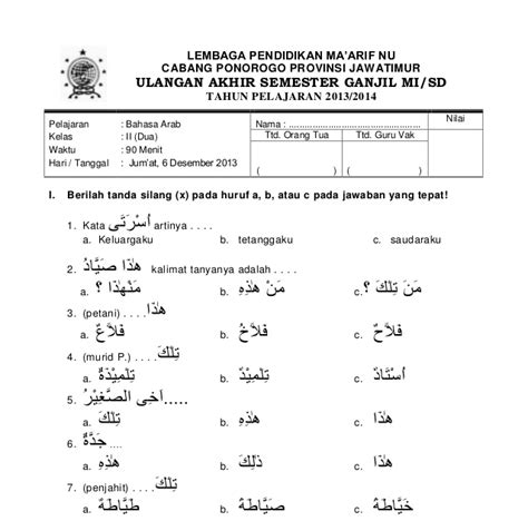 Contoh Soal Bahasa Arab Kelas 10 Tentang Aqidah
